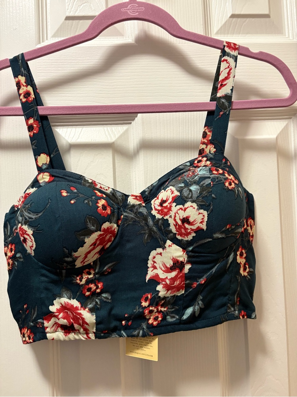 NWT B.O.G. Collective Floral Bustier Crop Top Smocked Boho Coquette Teal Rose M
